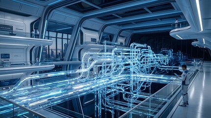 Fototapeta premium Advanced scifi research facility with glowing blue energy conduits and scientists