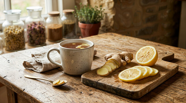 Herbal tea with lemon slices and ginger on wooden kitchen table  