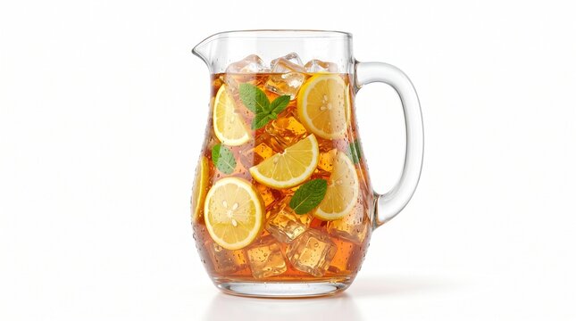 Refreshing pitcher of iced tea with lemon slices and mint leaves filled with ice cubes on a white background