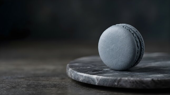 Single grey macaron standing on a dark marble plate for elegant food menu