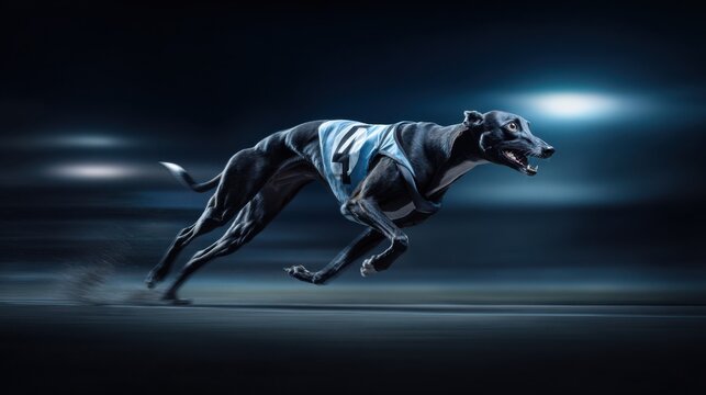 Greyhound sprinting on a professional stadium track at night with motion blur and sharp focused lighting on its face