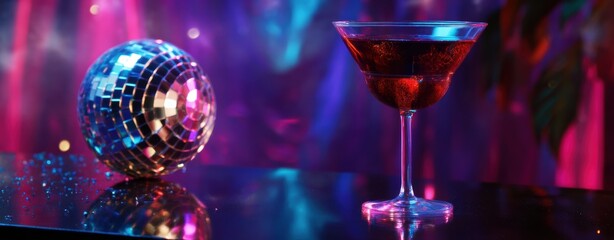 Obraz premium Glamorous Evening Martini and a Disco Ball Set Against a Colorful and Bright Background for Visual Delight