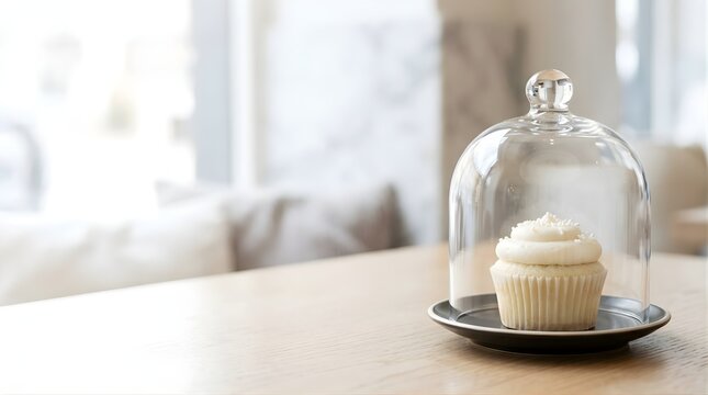 Single white cupcake under a glass cloche on a wooden table for events