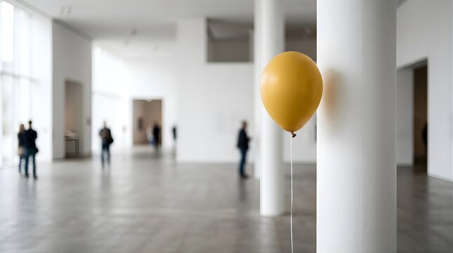 Single yellow balloon attached to a pillar in a bright museum gallery