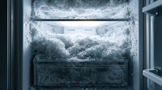 Heavy frost and ice fill the inside of a refrigerator in a kitchen with natural light