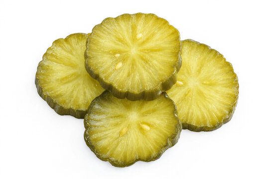 Closeup of four crinklecut pickle slices arranged in a pile, isolated on white background