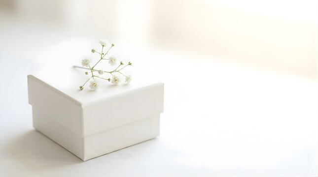 White gift box decorated with baby breath flowers on a bright surface