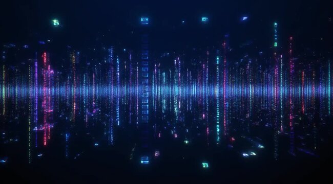 Digital data stream flowing with neon light pulses and circuit board elements in dark space