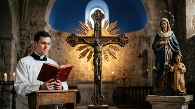 Priest Reading Holy Scripture in Historic Church with Crucifix