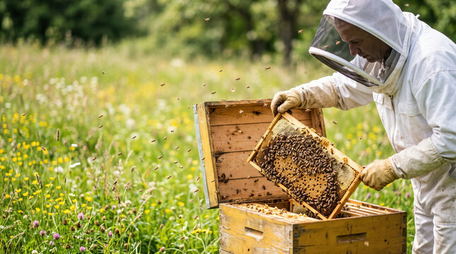 Beekeeper inspecting honeycomb with honey bees