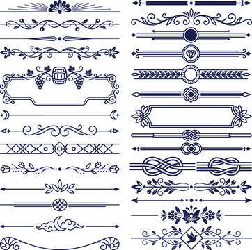 Vintage ornamental dividers and elegant scroll page decoration borders in classic navy blue.