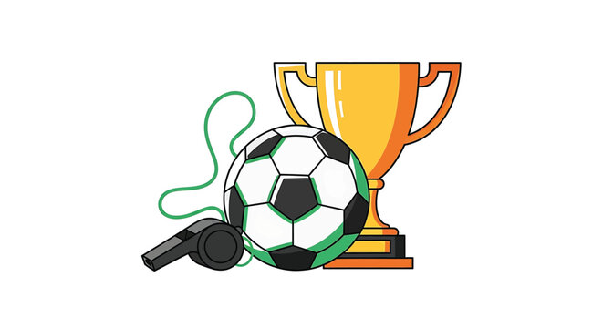 Soccer trophy cup with football and referee whistle. Golden award vector illustration for sports victory, winning championship and competition logo design