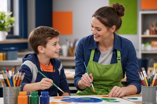 Smiling art teacher guiding young boy during painting class. Creative education in art studio. Teacher and student painting together