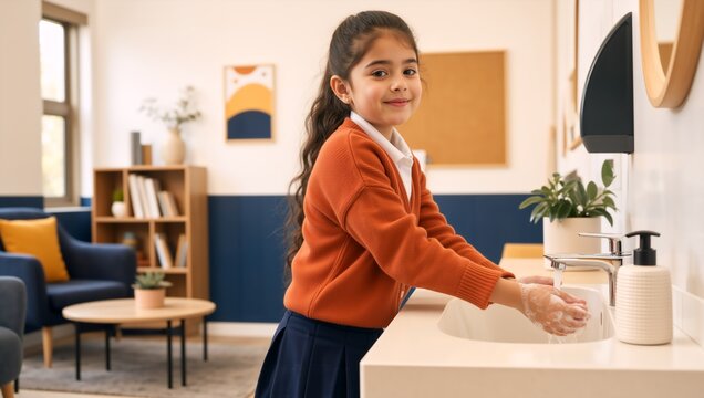 Young schoolgirl washing hands with soap at bathroom sink. Cleanliness and hygiene routine for children. Health and prevention concept