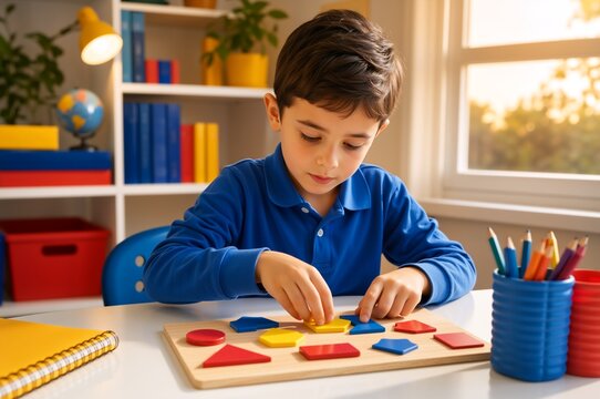 Young boy solving a wooden shape sorting puzzle at a desk. Focused child learning geometric shapes in a sunny room. Montessori early education concept