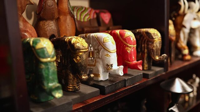 Carved wooden and ceramic elephant statues displayed on wooden shelves at local souvenir shop in Nha Trang, Vietnam. Row of decorative Asian elephant figurines in gift market, travel concept.