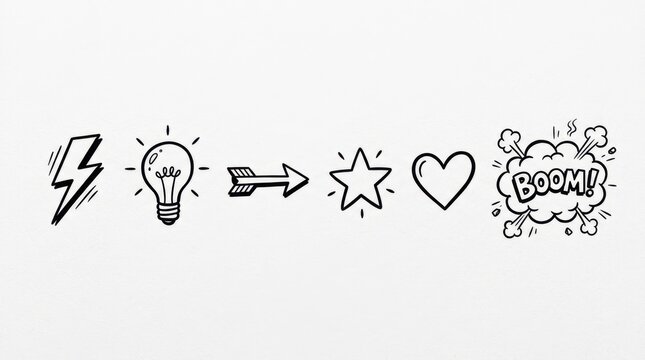 Hand drawn lightning bolt lightbulb arrow star heart and explosion sketch set on a white background electricity thunder spark bulb