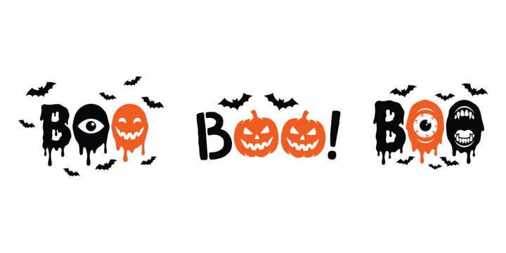 Boo text design with dripping letters halloween symbols like pumpkins ghosts and bats for spooky holiday celebration poster and creative art.