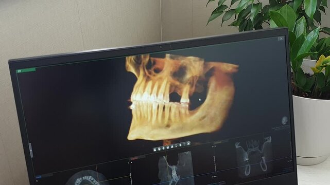 Rotating 3D Amber CBCT Jaw Scan on Screen Showing Missing Teeth. Dental