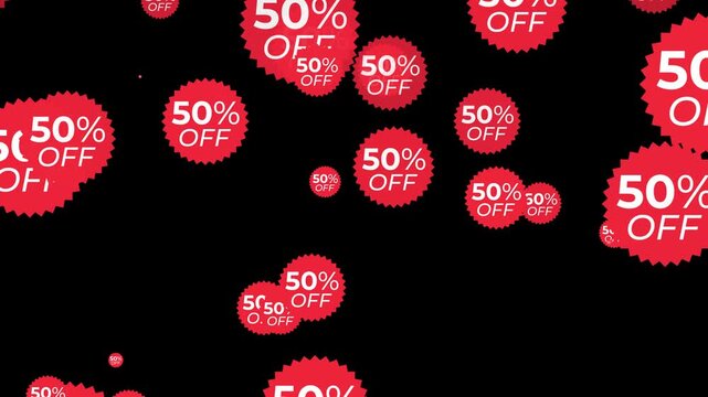 Red 50% off discount badges animation falling randomly from top to bottom on black background. 4K animated for discount sale, promotion, overlay, flash sale, and motion graphics.