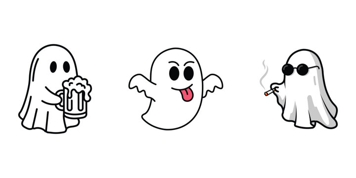 Funny halloween ghost characters holding beer and smoking cigarette vector illustration set for adult party humor and festive graphics.