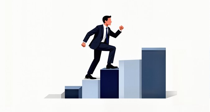Business person climbing steps in minimalist collage style on white background, symbolizing career progress and development in modern business concept
