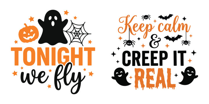 Halloween phrases with ghosts, pumpkins, spiders and bats perfect for parties and spooky night events.