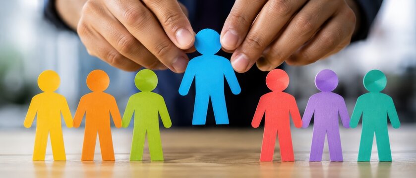 Hands place a blue paper figure between two groups of colorful people cutouts on a wooden table, representing connection, teamwork and inclusion