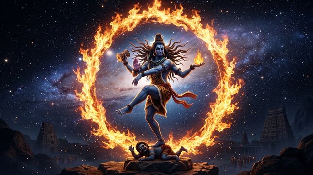 Divine Lord Shiva Cosmic Dance of Destruction Tandava within Fire Circle