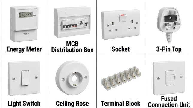 Electrical components collection a white plastic energy meter distribution box socket and other wiring accessories equipment power installation consumption kilowatt-hour