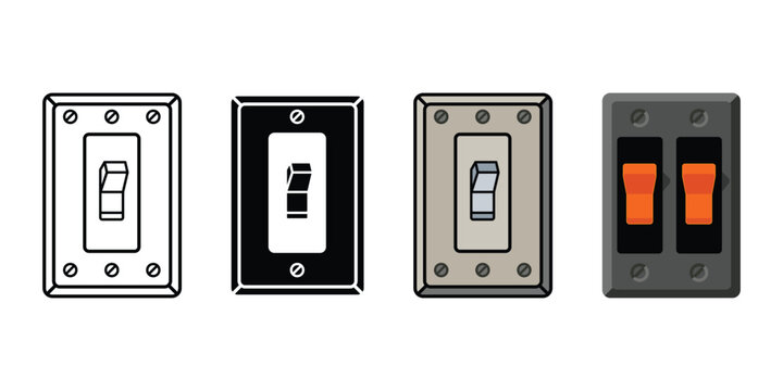 Light switch panel icons set for electricity controls including toggles and rocker switches with various artistic styles and vector graphic design.