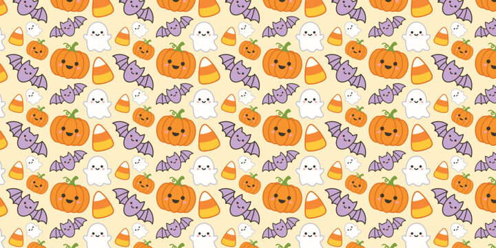 Seamless halloween pattern background with cute pumpkins ghosts bats and candy corn icons for festive textile paper and seasonal gift wrapping.