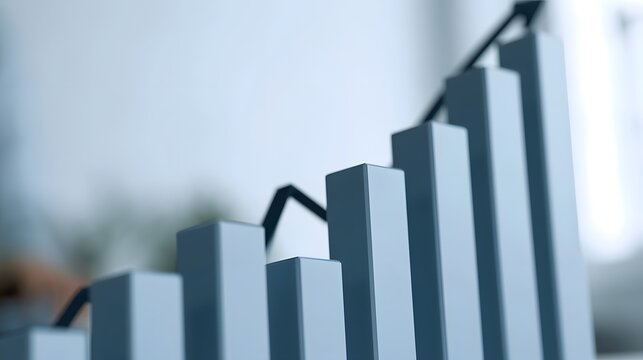 A close up view of a three dimensional bar chart showing an upward trend with smooth lighting and shallow depth of field