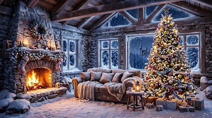 Obraz premium Cozy rustic log cabin living room decorated for christmas with a glowing fireplace and a beautifully lit pine tree during a snowy night