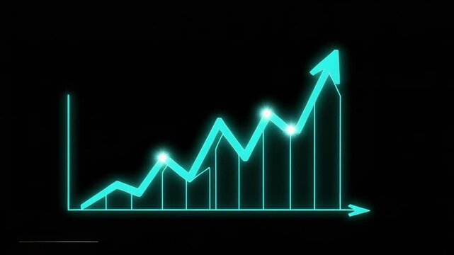 Financial growth chart data analysis advancing in dark digital interface with glowing neon lines and bars