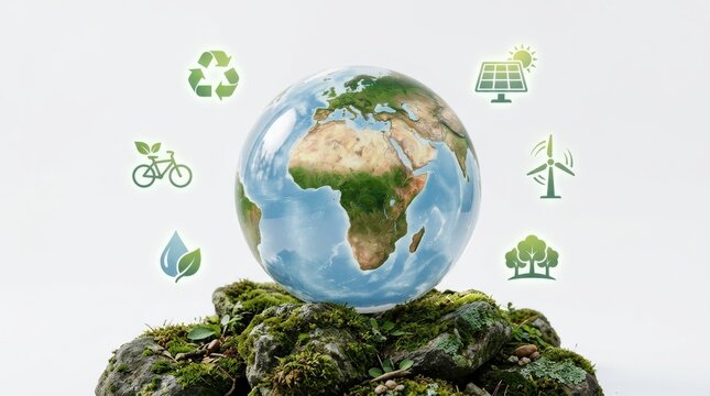 Earth globe with green sustainability icons and rocky mossy base a realistic environmental concept africa aerial view alternative energy biome