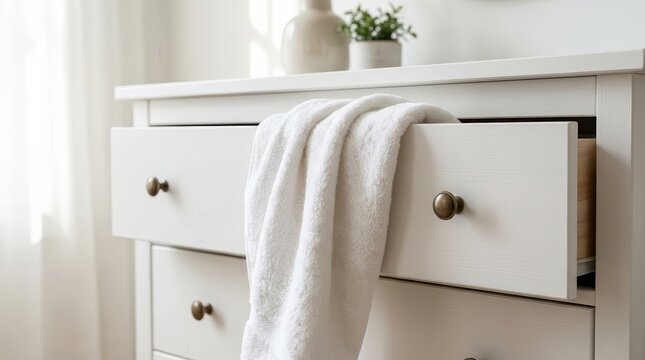 Minimalist white dresser featuring a textured white towel and brass knobs.
