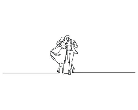 Elegant Continuous Line Drawing of a Loving Couple Dancing Gracefully Capturing Romance and Celebration