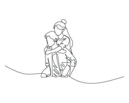 Embrace of a Loving Mother and Child in Continuous Line Art Symbolizing Care and Connection
