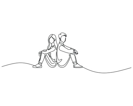 Line Art Illustration of a Young Couple Sitting Back to Back Symbolizing Relationship Dynamics