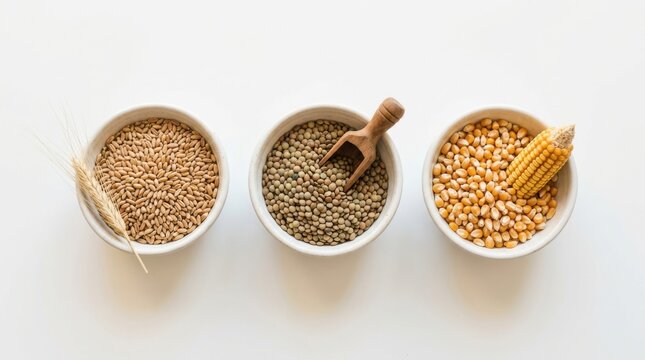 Wheat lentils and corn kernels displayed in white bowls on a white surface a flat lay composition agricultural produce autumn