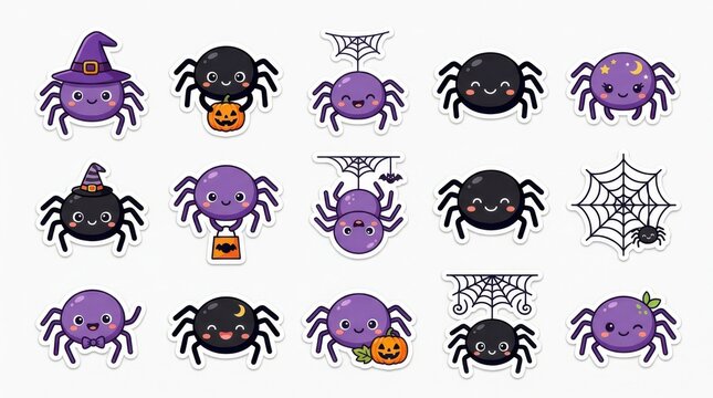 Cartoon spiders and halloween props a colorful vector illustration set against a white background spider arachnid arachnids holiday october trick-or-treat costume pumpkin