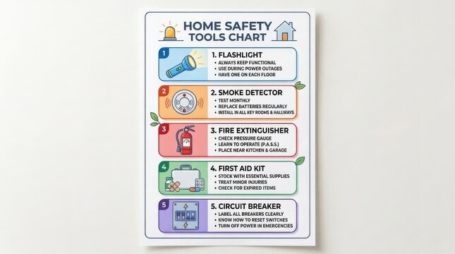 Home safety tools chart with illustrations of a flashlight smoke detector fire extinguisher first aid kit and circuit breaker emergency preparedness disaster