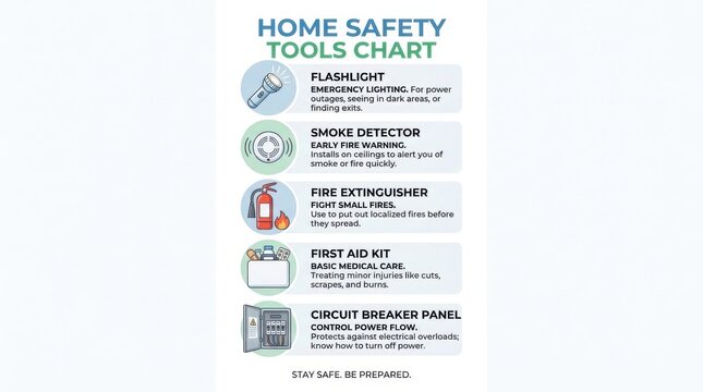 Home safety tools chart featuring a flashlight smoke detector fire extinguisher first aid kit and circuit breaker panel vector illustration checklist communication