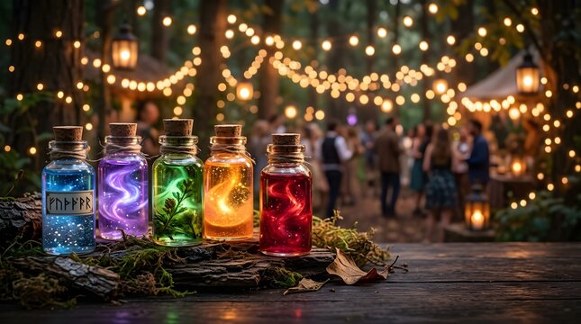 Five glowing magic potion bottles on a wooden table at a fairy forest party