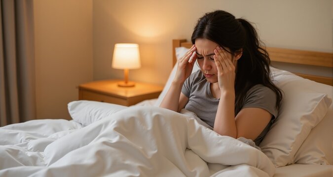 Woman feeling headache sitting in bed at home
