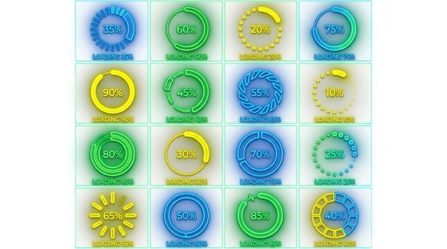 Circular loading indicators with percentage displays and neon style glow arranged in a grid pattern progress indicator screen bar display digital interface