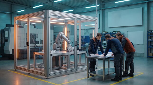 Technicians open a guarded robotics workshop on the factory floor