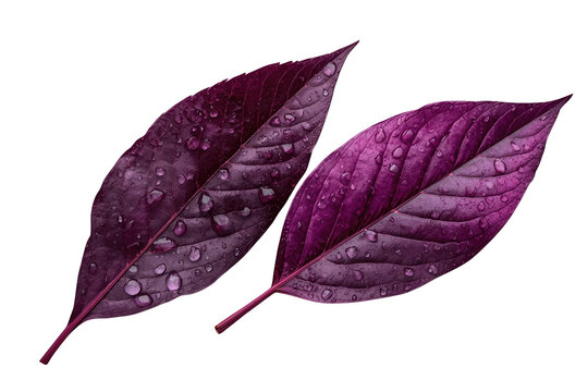 Two long purple leaves covered with dew isolated on transparent background