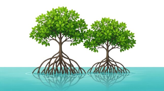 Two mangrove trees with exposed roots stand in shallow turquoise water against a white background mangroves coastal tropical shoreline vegetation plants halophytes